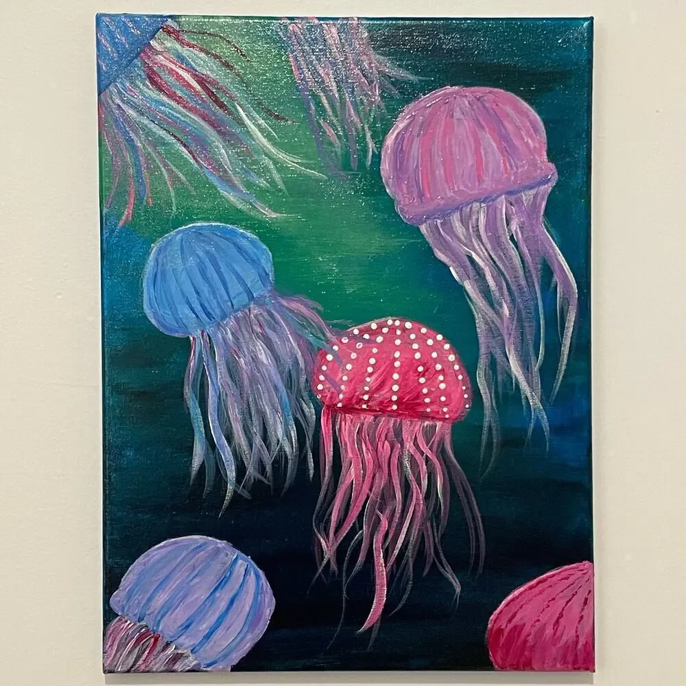 Handmade acrylic painting jellyfish underwater 12x16 wallart